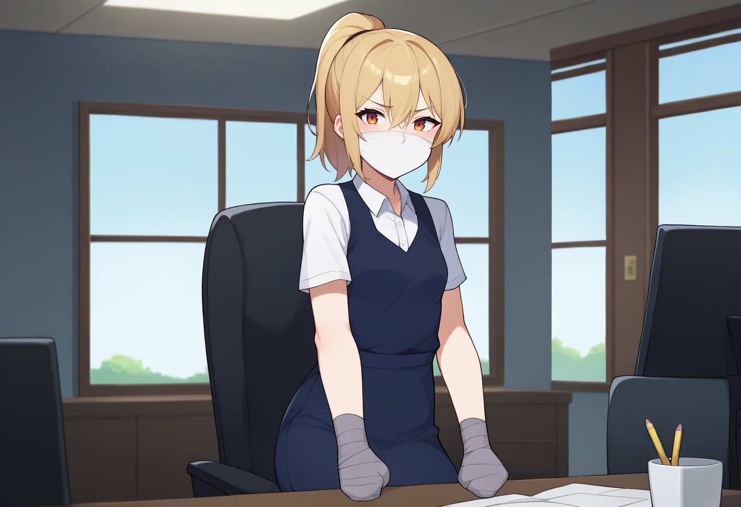 score_9,score_8_up,score_7_up,score_6_up,score_5_up,score_4_up, BREAK
1girl, office lady, collared shirt, pencil skirt, small breasts, ponytail, hair between eyes, 
indoors, office, chair, table, sitting, window, solo, cowboy shot, clenched hands, (arms at sides):1.3,
tapedhand, taped hands, taped fingers, over the nose gag, gagged, looking at viewer, 
<lora:tapedhandsponyxl-07:1>  <lora:otngagponyxl:1>