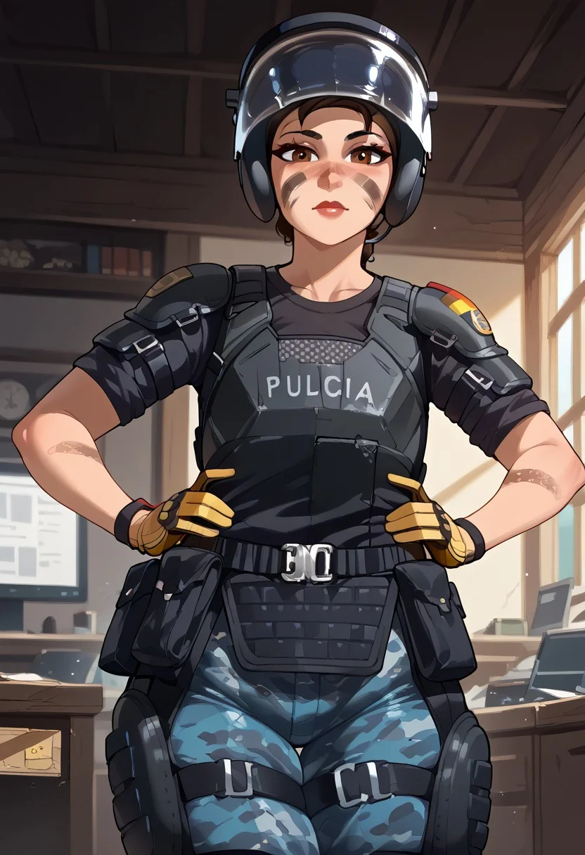 score_9, score_8_up, score_7_up, BREAK,Expressiveh, (masterpiece, best quality, highres detail),inside ,workshop,<lora:Mira_Rainbow_Six_Siege_PONY_XL_by_UOC:1>, mira, mira \(Rainbow Six Siege\),1girl,adult,solo, standing,hands on hips ,looks at viewer,horny,confused,((curvy:1),flat chest,fupa),beutiful face ,facepaint,lips,helmet,face shield,beutiful eyes,brown eyes,yellow gloves,black t-shirt,armor,blue camouflage pants