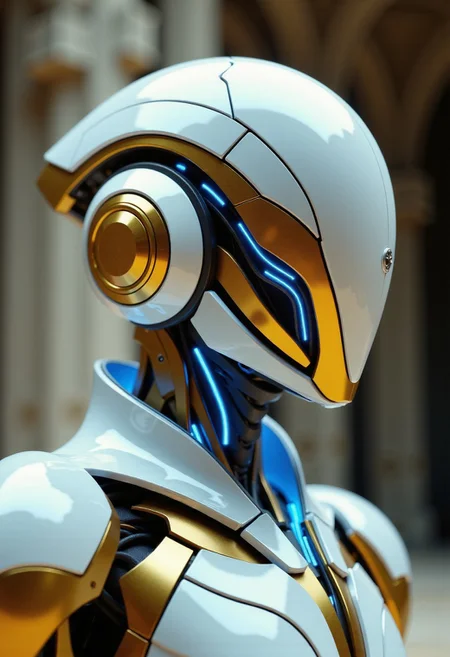 in the style of ckfa, Photorealistic portrait of a faceless android warrior, forged with the elegant, advanced technology and aesthetic of the StarCraft Protoss. Shown in a graceful quarter view, head held high with a slight contemplative tilt. Features a sleek helmet design with a flowing, golden V-shaped crest converging towards a central energy point, crafted from polished white and gold alloys. The helmet's sides are perfectly smooth, curving elegantly backwards. A brilliant, steady blue psi-energy glows softly from the central point and fine, inscribed conduits tracing the helmet's surface. Extremely intricate neck and upper torso are visible, displaying seamlessly layered golden and white plates with precise, glowing blue energy seams, suggesting advanced power systems and perhaps integrated Khaydarin crystal matrices. The design emphasizes smooth curves and technological sophistication over exposed mechanics. Set against a serene, out-of-focus background hinting at Protoss architecture or a Xel'Naga temple. Clean, ethereal cinematic lighting emphasizing the polished surfaces and radiant energy glow, hyperrealistic textures, shallow depth of field.