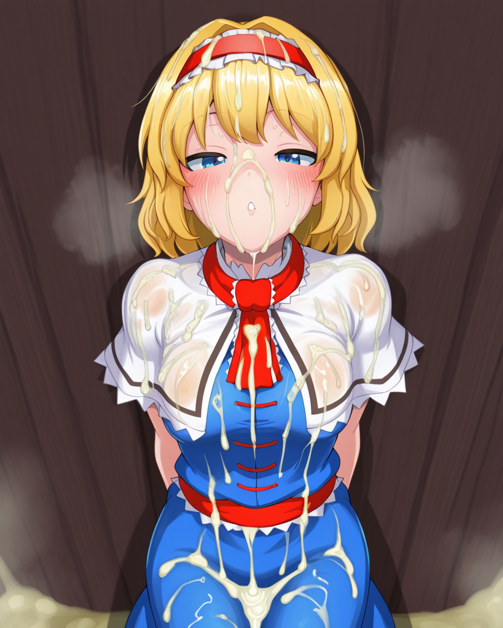 1girl, solo, alice margatroid,adult,blonde hair,red hairband,blue eyes,capelet,blue shirt,blue dress,frilled sash, maruhage p, (bukkake, cum on hair, cum on clothes, excessive cum:1.2), steam, smell, steaming body, looking at viewer, cowboy shot, simple background, back background, masterpiece, best quality, very aesthetic, absurdres