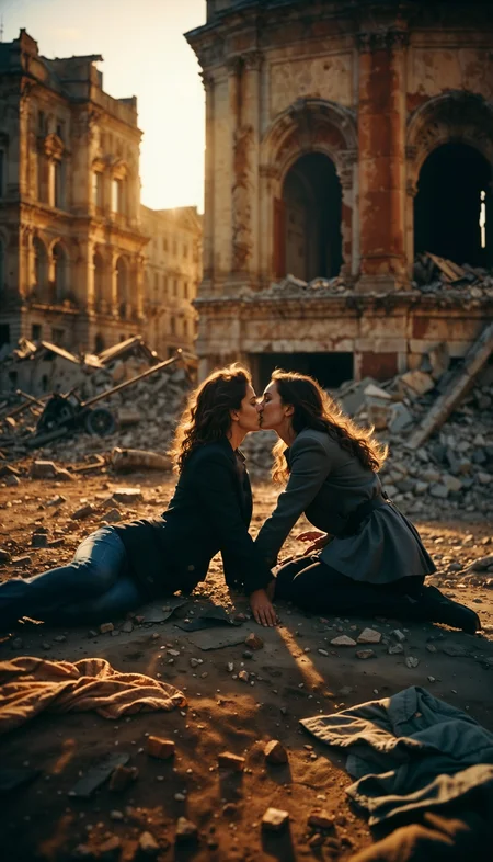 Ultrarealistic. sharp focus, dynamic lighting. play of light, high definition, Ultra detailed, drone shot, realistic, war torn buildings, two females lovers, kissing. on the ground. Lay down on the ground. War in background. Dirty clothes. Heartwarming scene
