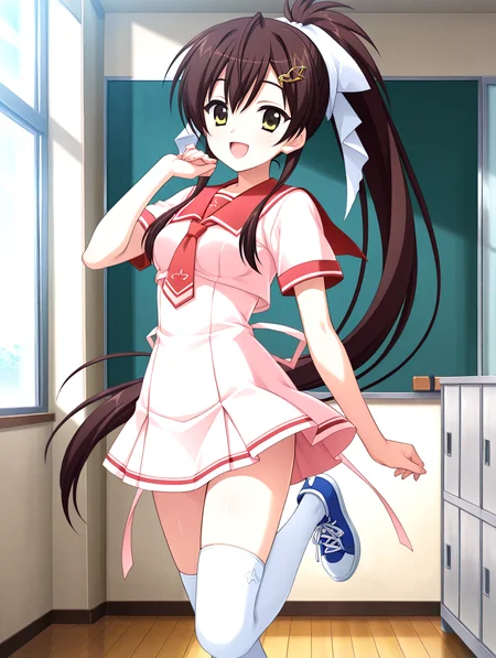 masterpiece,best quality,newest,absurdres,highres,detailed eyes,beautiful,detailed background,solo,perfect eyes,anime coloring,full_shot,anime screencap,
<lora:add-detail-xl:1>,<lora:ponyv4_noob1_2_adamW-000017:0.8>,wear clothes,
1girl,
looking at viewer,standing,legs up,laughing,school,
<lora:il-aoi-tenshin-sera:1>,il-aoi-tenshin,aoiserafuku,1girl,solo,brown hair,pink dress serafuku,ponytail,pink dress skirt,long hair,yellow eyes,white thighhighs,blue sneakers,pink long thin on dress,square bottun necktie,red sailor collar,