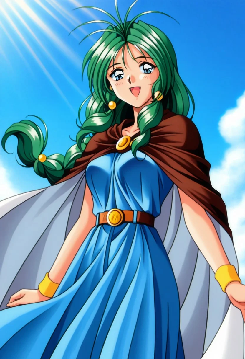 masterpiece, best quality, amazing quality, very aesthetic, high resolution, 1girl, cowboy shot, anime-style, digital art, high resolution, cute girl, smiling, sunlight, bright, clear sky, blue sky, clouds, daytime, outdoor, wind blowing her hair, dynamic pose, cheerful mood, light reflections, detailed background, high quality, beautiful, attractive, light rays, bright lighting, sky, joyful, happy, energetic, bright atmosphere, detailed shading, anime aesthetics, vibrant, lively, braid, jewelry, belt, cape, blue dress, wristband, retro artstyle, 1990s \(style\),
clairemm, blue eyes, green hair, antenna hair, long hair, low-tied long hair, hair bobbles, medium breasts, mature female,