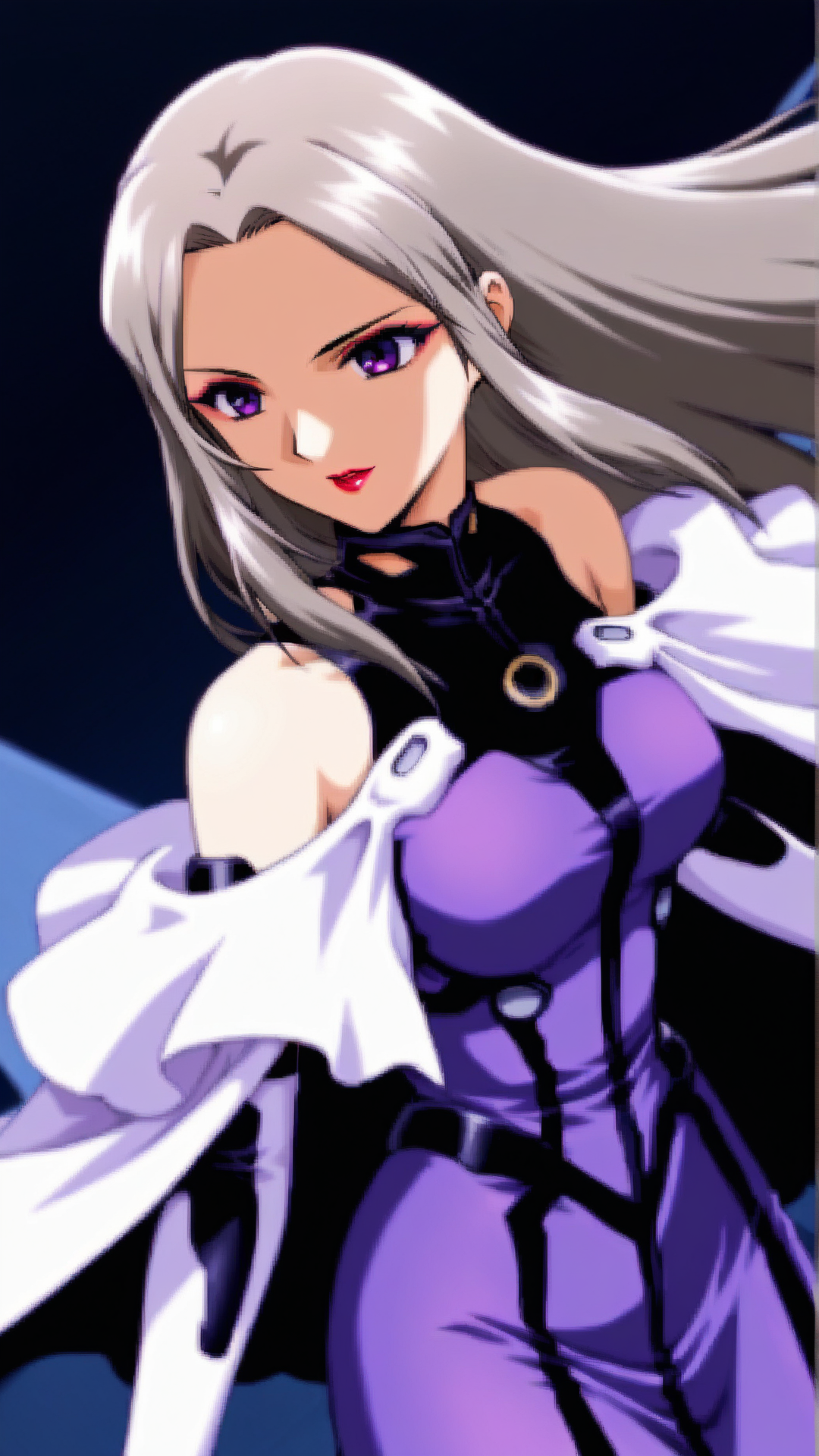 source_anime, general, best quality, masterpiece, 1girl,   <lora:Maria_Nichols_ill:1> maria_nichols\(gbattle\),long hair, grey hair,purple eyes,sidelocks, makeup,elbow gloves, lipstick, purple dress,white cape, bare shoulders , mechanical_chest, dynamic pose, dutch angle,