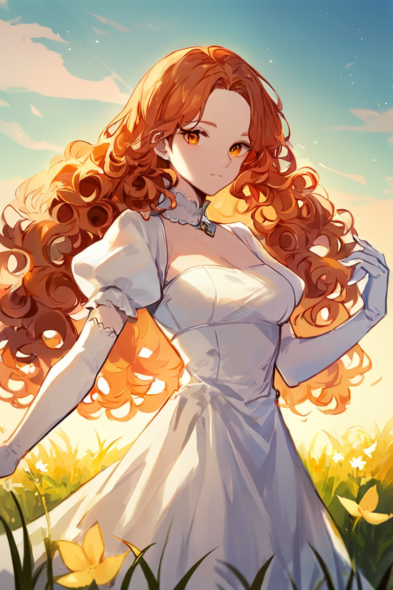 score_9, score_8_up, score_7_up, rating_safe, 1girl, solo, long hair, curly hair, wavy hair, orange hair, orange eyes, looking at viewer, breasts, dress, white dress, puffy sleeves, puffy short sleeves, short sleeves, gloves, elbow gloves, white gloves, cowboy shot, closed mouth, standing, outdoors, field, flower, grass, plant, sky <lora:Anime Style 2 SDXL_LoRA_Pony Diffusion V6 XL:0.8>