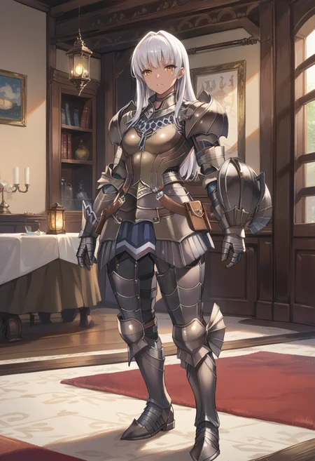 (score_9:0.9),score_8_up,score_7_up,rating_safe,anime style,(zPDXL),(zPDXL3),<lora:Kushala Armor ponyXL v1:0.7>, kushala armor, 1girl, solo, bronze armored gauntlets, white hair, standing, looking at viewer, full body, dark-skinned female, indoors, bronze shoulder armor, long hair, bronze armored boots, bronze breastplate, lantern
