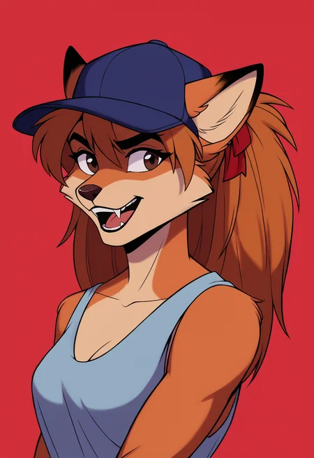 score_9, score_8_up, score_7_up, score_6_up, smile, asuka langley, furry, fox girl, open mouth, short hair, simple background, shirt, black hair, 1girl, baseball cap, brown eyes, upper body, :d, teeth, sleeveless, dark skin, upper teeth only, thick eyebrows, dark-skinned male, tank top, portrait, red headwear, red background, purple headwear, retro artstyle, <lora:Disney_Renaissance-06:1>