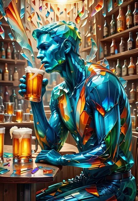 score_9, score_8_up, score_7_up, <lora:Glass_Shard_Style:1>, glass shard, man, side view, man drinking beer, bar