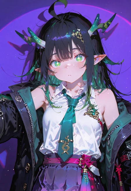 looking at viewer,bust shot,face focus

Stretching

1 girl,petite,loose unruly messy hair,messy bangs,black hair,green accents hair,fair skin,dragon horns,green eyes,(sparkling eyes:1.1),freckles,ahoge,pointy ear

Large Black coat with green accent,coat hanging sleeves,white sleeveless buttoned shirt tucked in,green tie, exposed shoulder,dark purple skirt,

Color background, bright purple background,(shadow:1.3), front lighting,glimmer, [scales design], sparkling,(anagylph refraction:1.5),(front volumetric spotlight:1.4),(purple hue:0.9),(colors green and it's adjacent glow:1.5)

Cunnystyle,748cmstyle,Smooth_Quality,masterpiece,best quality,amazing quality, aesthetic,(vibrant colors:1.7),(bold lines:1.3),(saturated:1.6),dynamic pose, foreshortening, extreme perspective