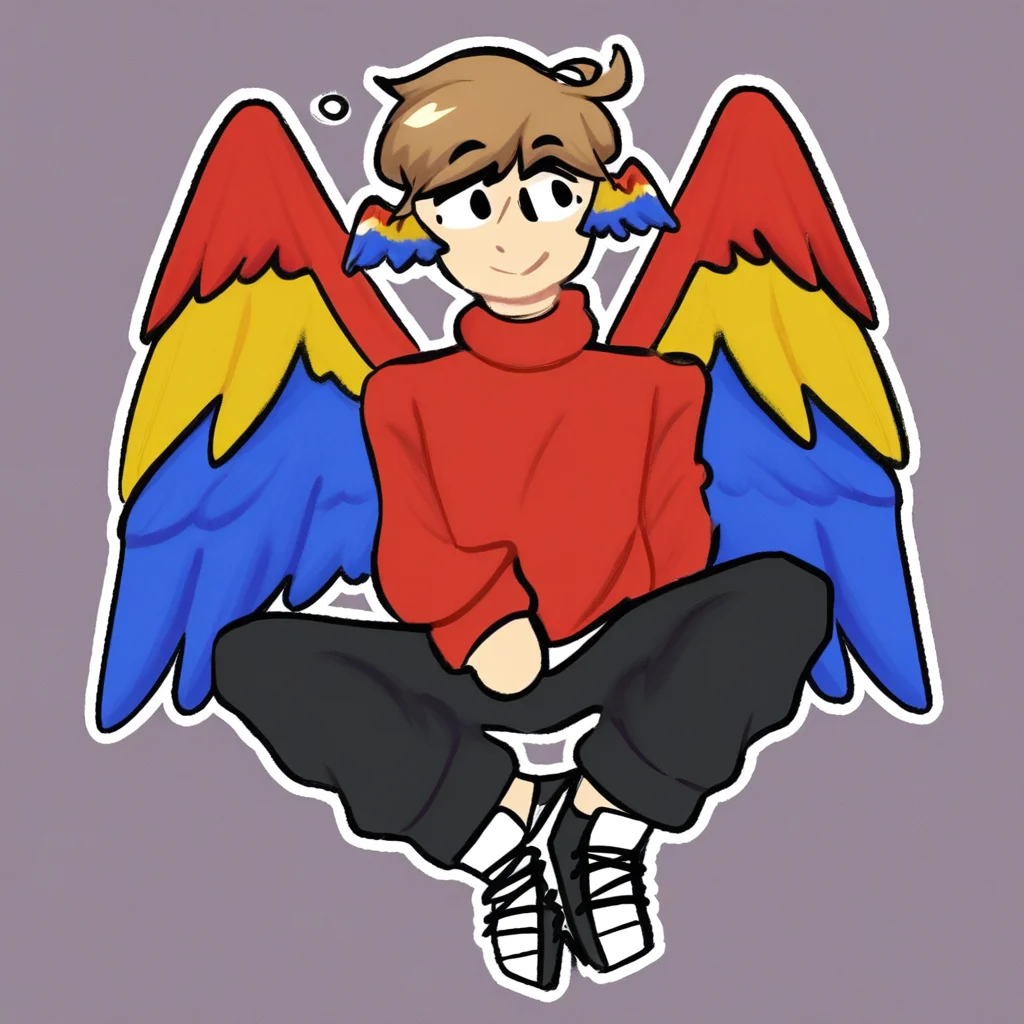 Grian, Male, parrot wings, wings, red sweater, light brown hair, black pants, black sneakers