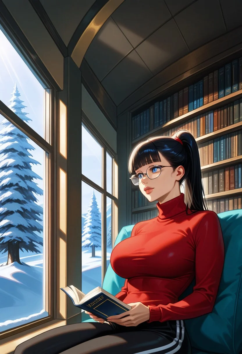 realistic, highly detailed, sunlight, god rays, winter, thepit, 1girl, upper body,
sitting, relaxing, holding book, looking out window, looking in distance, melancholy,
black hair, high ponytail, blunt bangs, straight hair, red hairtie,
blue eyes, perfect eyes, detailed face, elegant face, glasses, thick frames, nerdy,
skindentation, detailed skin, large breasts, toned female,
turtleneck, red sweater, black sweatpants with two vertical white stripes,
indoors, library, window,