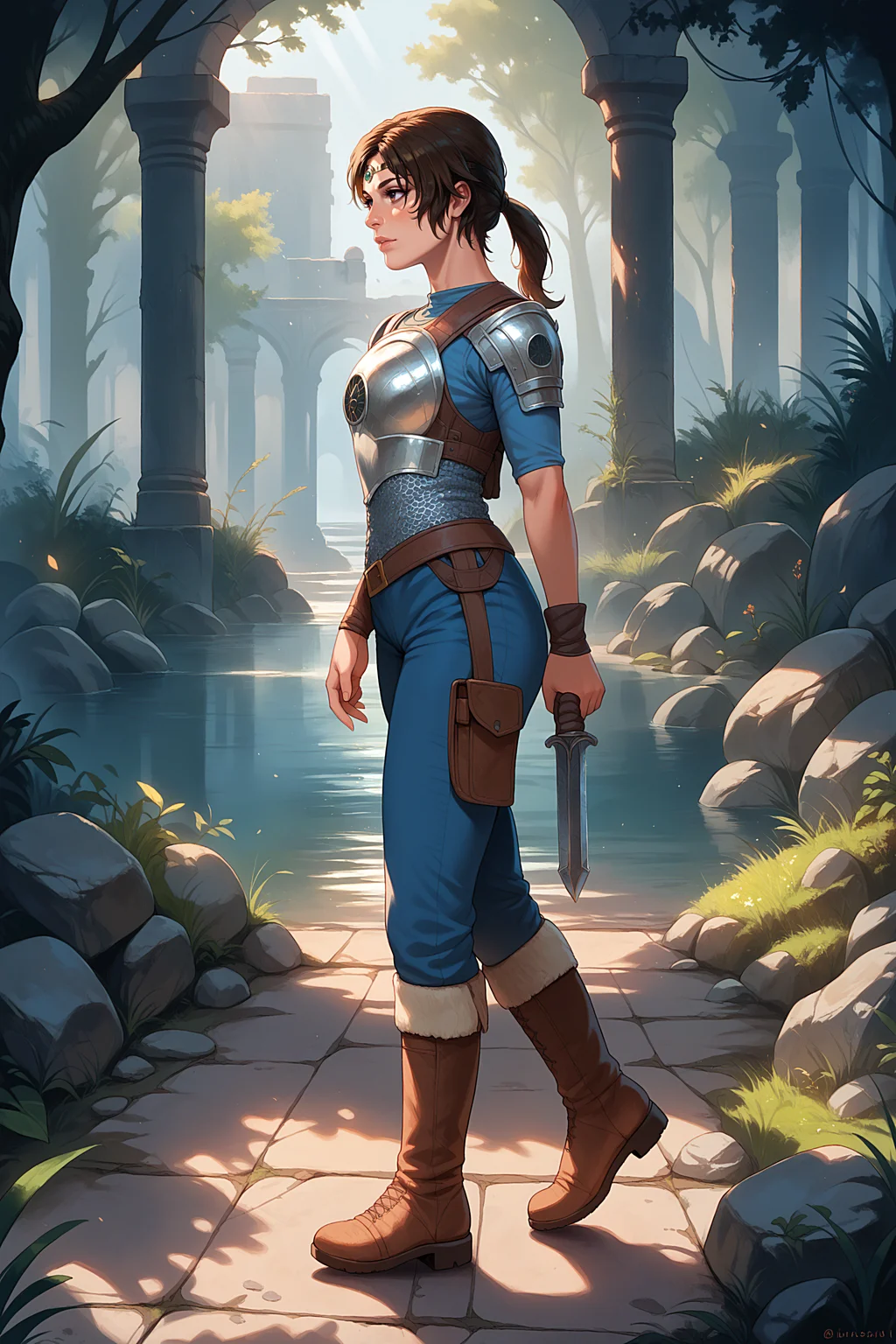 cl3r1c, walking, tomb raider, lara croft, mist, 2d, score_9, score_8_up, score_7_up, 1girl, highly detailed, from side, <lora:5h4rt:1.0>