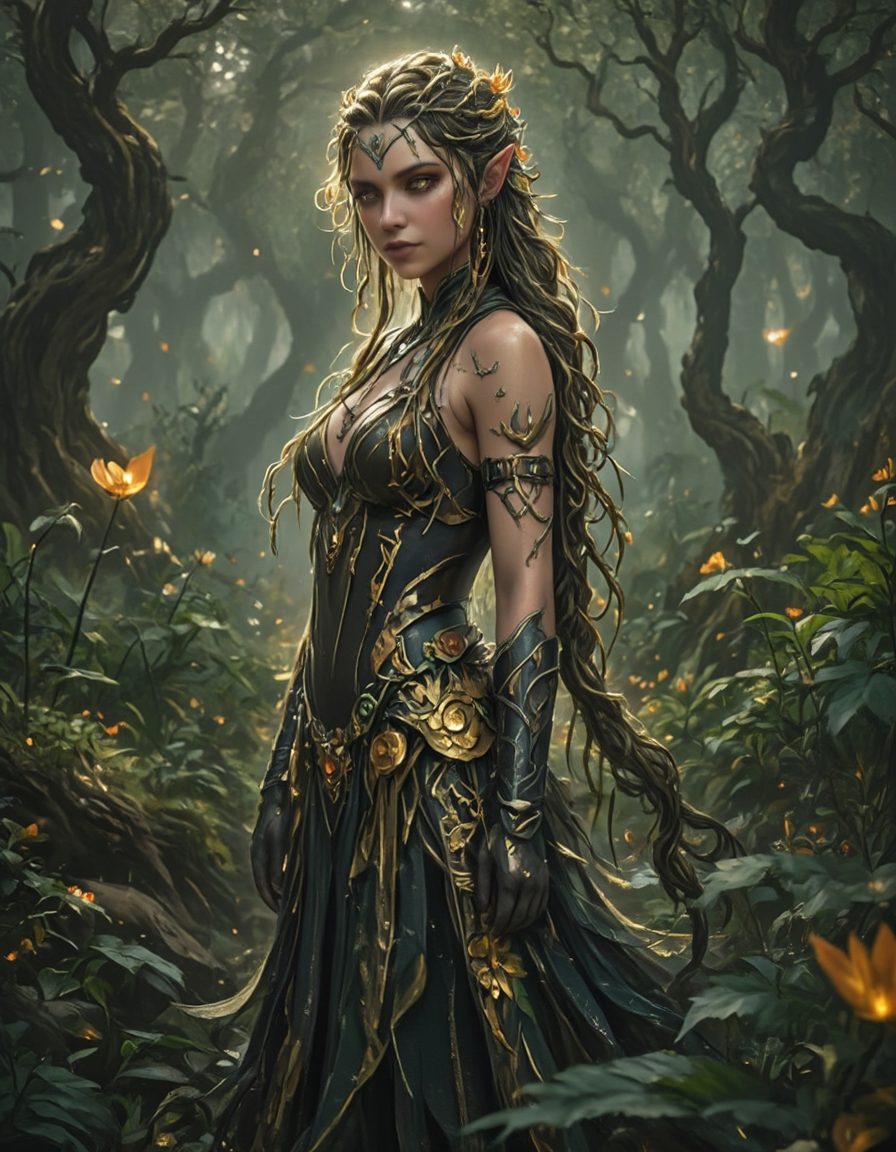 <lora:INWYTK_01a_flux:1> inwytk01flux, gre1n, a graceful elven woman, her long braided hair interwoven with living vines and roots that sprout flowers, her eyes like molten gold reflecting the surrounding forest, wearing an elegant outfit crafted from natural materials and gold floral patterns, stands at the edge of an ancient forest where the trees seem to twist into strange, fantastical shapes.