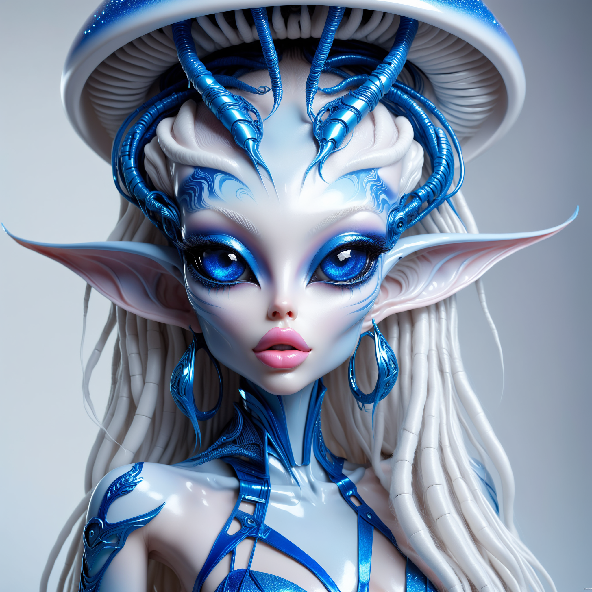 <lora:AlinaXL:0.6> <lora:DalleAlien:0.8>     beautiful alien elf girl with big detailed eyes  and huge lips ,  white and blue alien in the style of futuristic glamour, white and light grey background fairycore, amazing movie cinematic, translucid body, like a real photoshoot, amazing light, sergey musin, shallow depth of field, fantasy, realistic figures, detailed perfection, glittering skin, very detailed alien skin, masterpiece, great photography shot, beautiful palette of colours ,8k, extreme detailed , colorful , highest detailed