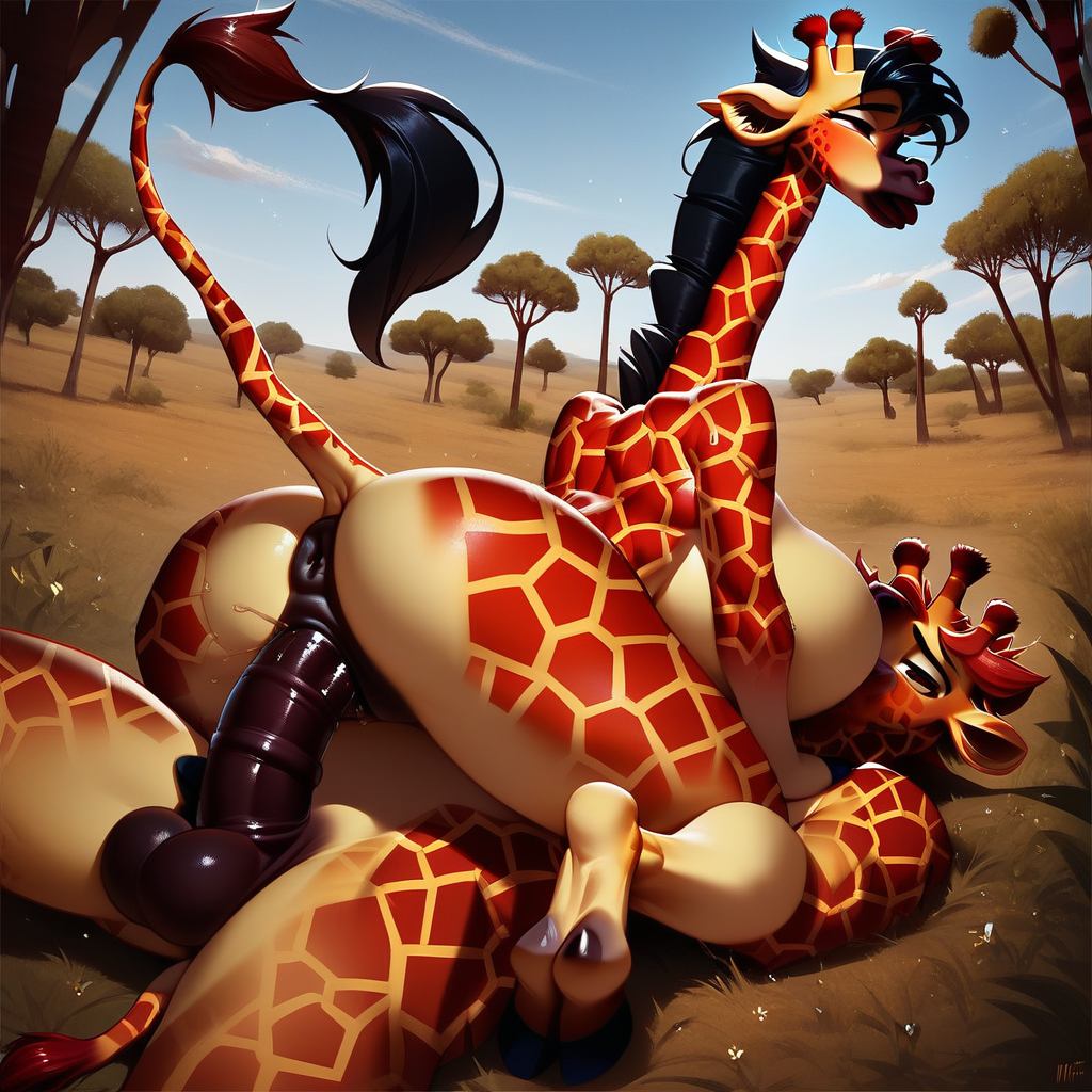 score_9, score_8_up, score_8, score_7_up, score_7, score_6_up, score_6, score_5_up, score_5, (anthro female giraffe:1.4), (anthro male giraffe:1.4),  balls, vaginal sex, long black hair, eyes, natural hair color, perky breasts, massive huge breasts, no clothing, naked, seductive expression, seductive pose, (looking away from viewer), sky and trees and savanna river in background, light sweat on body, raised tail, pussy, anus, <lora:Expressive_H-000001:1.2> <lora:ponyxl-deep_penetration-concept-v01:0.8>