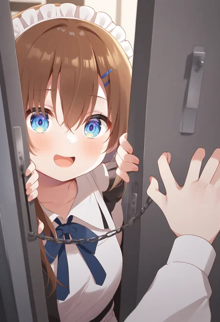 1girl,sincos, ningen mame, toosaka asagi,solo,medium breasts,20yo,maid,maid headdress,
door chain, peeking out, open door,<lora:doorchain_XL_v1:1.0>
chain, pov doorway, opening door, close-up,
ceiling, wide shot, looking ahead, brown hair, pink eyes,panicking, settlement, open mouth, low ponytail hair,,
best quality, very aesthetic, absurdres ,