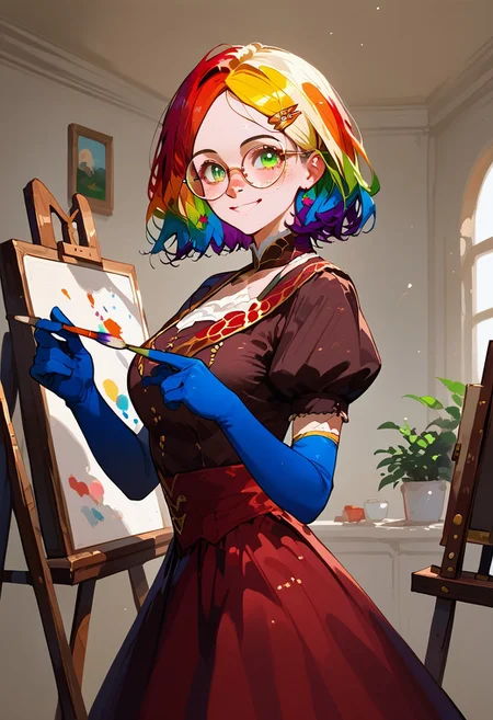 score_9, score_8_up, score_7_up, score_6_up, source_anime, 1girl, solo, leodv, short intricate hair, parted bangs, perfect eyes, glasses, brown dress, short puffy sleeves, red skirt, blue gloves, elbow gloves, blue thighhighs, big breasts, easel, smile, indoors, from side, holding paintbrush, painting a self-portrait, zPDXL3, wadufuk1, vivid colors, striking visuals, Mycelia, (rainbow colored hair:1.2), candy hairclip, round glasses, green eyes, freckles, petite