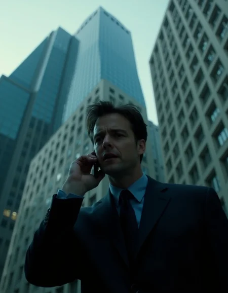 cinematic scene of a man in a suit, strict facial expression, holding a phone to his ear, below view, skyscraper in background,  <lora:Dark Cinematic:1> DRK
