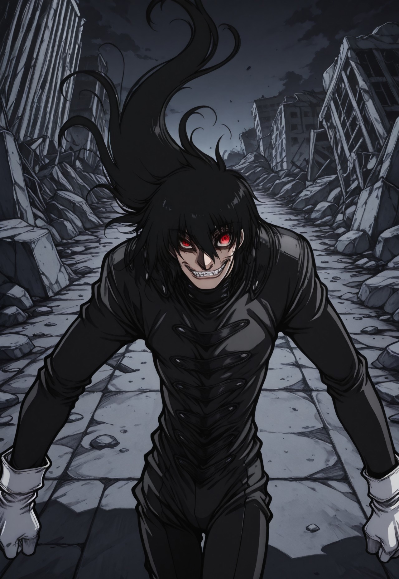 safe_pos, score_9, score_8_up, score_7_up, masterpiece, best quality, amazing quality, Normalucard, solo, 1boy, male focus, black hair, very long hair, white gloves, black bodysuit, evil laugh, fangs, crazy eyes, red eyes, looking at viewer, portrait, close-up, perspective, night, dark, ruins, greyscale, monochrome,