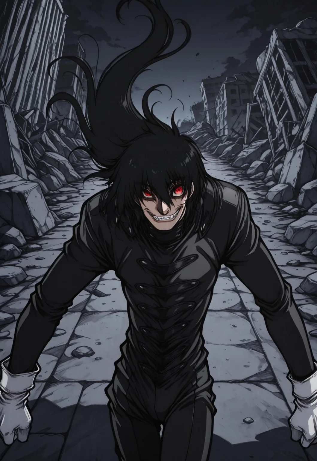 safe_pos, score_9, score_8_up, score_7_up, masterpiece, best quality, amazing quality, Normalucard, solo, 1boy, male focus, black hair, very long hair, white gloves, black bodysuit, evil laugh, fangs, crazy eyes, red eyes, looking at viewer, portrait, close-up, perspective, night, dark, ruins, greyscale, monochrome,