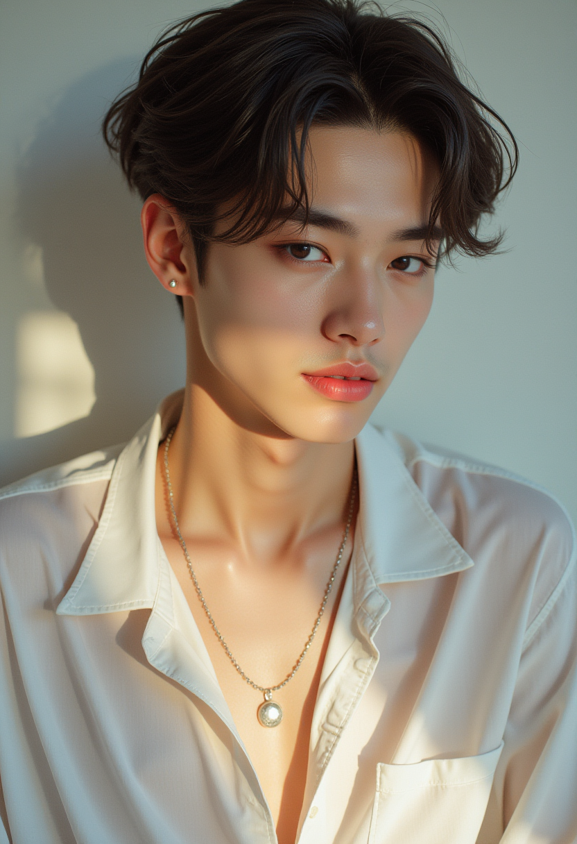 A dreamy portrait of a handsome man in a simple, loosely fitting shirt. His face is serene, almost glowing with an ethereal light. The shirt is flowing, creating a sense of gentle movement, and his features are soft but striking. The background is dreamy, otherworldly feel. <lora:Delicate_Focus_FLUX_LoRA:1>