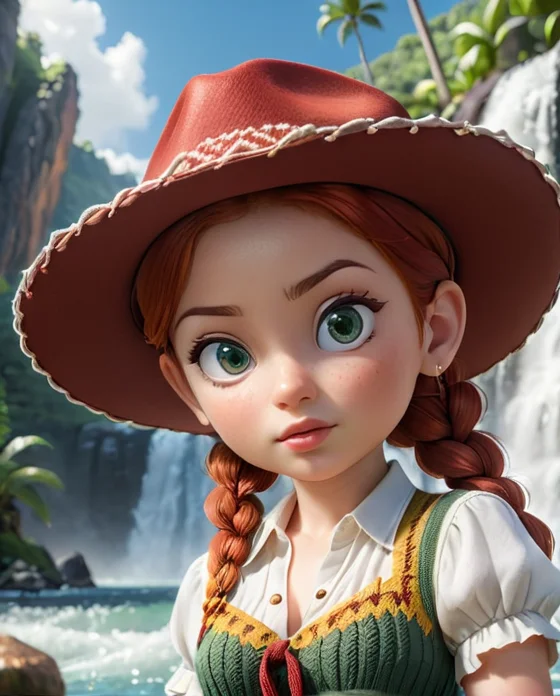 score_9, score_8, score_7, score_6, <lora:Jessie_the_Yodeling_Cowgirl_-_Toy_Story_PonyXL:1> Jes_sie, 1girl, red hair, hat, cowgirl, cleavage, hair in single braid, Close Up photo of 1Girl.  Wearing cropped Knitted Women's Tied Top and a silk skirt. Highly detailed beautiful expressive eyes. Light makeup and eye liner. Standing in a crystal clear tropical island lagoon. Large waterfall and rock formation in the background. Sunny day. Vibrant light. Photorealistic, Natural atmospheric lighting, intricate details, 35mm photograph, film, professional, 4k visuals, highly detailed, elegant, studio quality.