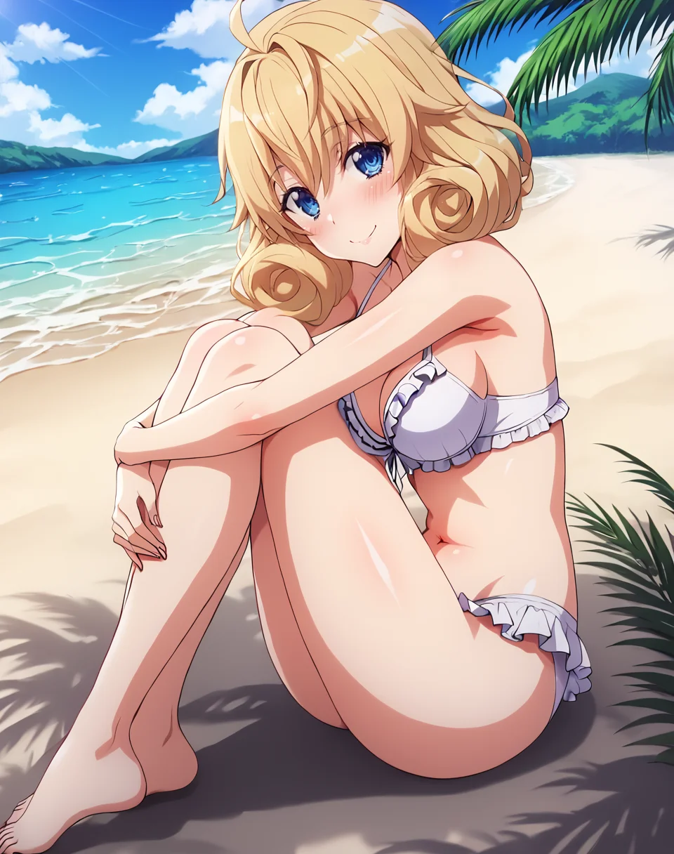 le_fay_pendragon, blue eyes, medium hair, blonde hair, medium breasts, white frilled bikini BREAK outdoors, beach, seashore BREAK sitting on beach, sitting on sand, side view, looking at side, inclined head, hugging own legs, looking at viewer, smile, flirty, blush, lovely face BREAK score_9, score_8_up, score_7_up, source_anime ,zPDXL, perfect hand, <lora:Le_Fay_Pendragon:0.8>, <lora:DXD_Hero_Style:0.6>,