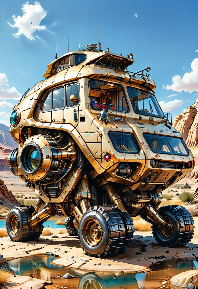 no humans, vehicle focus, ground vehicle, mountain, sky, cloud, outdoors, motor vehicle, science fiction, desert, day, water, scenery, rock, wheeled vehicle,
gold paint
(ultra sharp focus:2), (detailed windows:2), (thin lines:2), 
(best quality:1.8),
<lora:Apparatus - Traction City Walkers Vehicles_epoch_11:0.8>