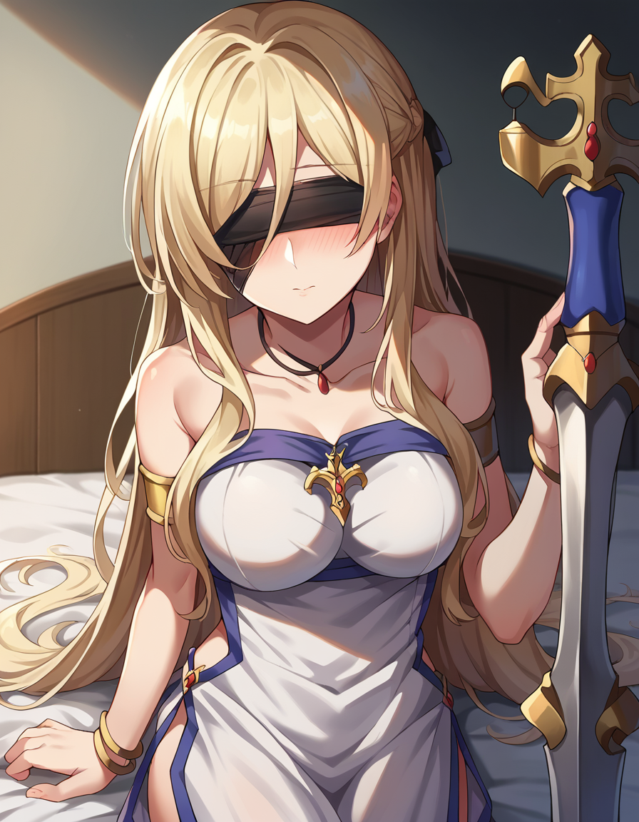 score_9, score_8_up, score_7_up, source_anime, 
swordmaiden, <lora:sword-maiden-ponyxl-lora-nochekaiser:1>, 
sword maiden, long hair, bangs, blonde hair, blindfold, covered eyes, black blindfold, 
dress, jewelry, weapon, sword, necklace, white dress, bare shoulders, collarbone, 
indoors, bed, bed room, on side, blush, drunk,
looking at viewer, cowboy shot, dutch angle,