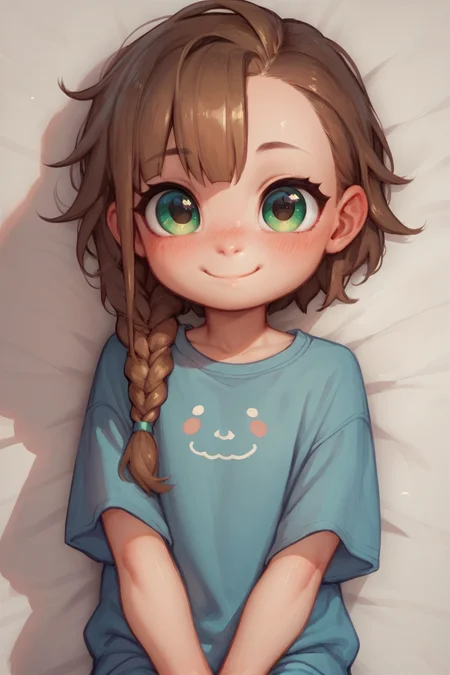 (score_9, score_8_up, score_7_up, score_6_up)
1girl, cute, brown hair in long braid, asymmetrical hair, green eyes, blushing, smile, blue shirt,
 <lora:officialpit_style_v11:0.6>
 <lora:age_slider_v4:-2>