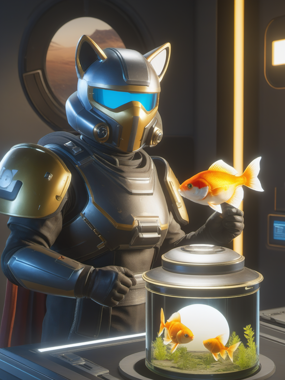 helldivers, A cat-head warrior, holding a folder, with a goldfish bowl next to it, virtual electronic arts, unreal engine, ultra-clear stereo  <lora:helldivers:0.5>
