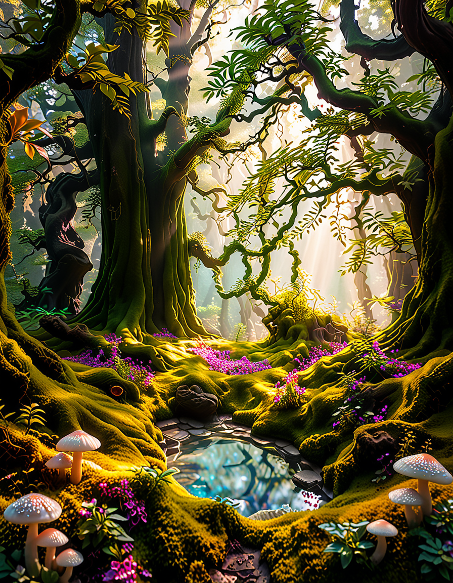 A magical, enchanted forest,3nch4nt3d f0r3st bathed in soft, ethereal light. Towering ancient trees with twisted, gnarled branches stretch towards the sky, their leaves glowing faintly with bioluminescent hues of green and blue. The forest floor is lush with vibrant moss and scattered with luminous mushrooms of various colorsâpink, purple, and orangeâthat emit a soft, otherworldly glow. Golden and purple light filters through the dense canopy above, casting dappled patterns on the ground.
In the heart of the scene, a small, glowing orb hovers just above the moss, radiating warmth and subtle sparkles. Fireflies drift lazily through the air, leaving faint trails of light behind them. The atmosphere feels mystical and serene, as if this forest is alive with ancient magic. The overall lighting is dreamy, with a harmonious blend of soft pink, purple, and green tones that enhance the enchanted quality of the scene..<lora:SDXLFaeTastic2400:0.4> <lora:extremely_detailed:0.4> extremely detailed, <lora:3nch4nt3d_f0r3st:1>, Masterpiece,best quality,hi res,8k,hi res,8k,award winning,(sharp focus, intricate, highly detailed),