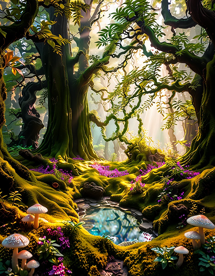 A magical, enchanted forest,3nch4nt3d f0r3st bathed in soft, ethereal light. Towering ancient trees with twisted, gnarled branches stretch towards the sky, their leaves glowing faintly with bioluminescent hues of green and blue. The forest floor is lush with vibrant moss and scattered with luminous mushrooms of various colors—pink, purple, and orange—that emit a soft, otherworldly glow. Golden and purple light filters through the dense canopy above, casting dappled patterns on the ground.
In the heart of the scene, a small, glowing orb hovers just above the moss, radiating warmth and subtle sparkles. Fireflies drift lazily through the air, leaving faint trails of light behind them. The atmosphere feels mystical and serene, as if this forest is alive with ancient magic. The overall lighting is dreamy, with a harmonious blend of soft pink, purple, and green tones that enhance the enchanted quality of the scene..<lora:SDXLFaeTastic2400:0.4> <lora:extremely_detailed:0.4> extremely detailed, <lora:3nch4nt3d_f0r3st:1>, Masterpiece,best quality,hi res,8k,hi res,8k,award winning,(sharp focus, intricate, highly detailed),