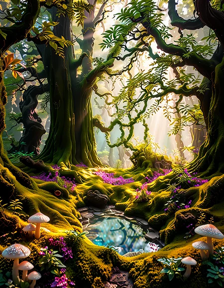A magical, enchanted forest,3nch4nt3d f0r3st bathed in soft, ethereal light. Towering ancient trees with twisted, gnarled branches stretch towards the sky, their leaves glowing faintly with bioluminescent hues of green and blue. The forest floor is lush with vibrant moss and scattered with luminous mushrooms of various colorsâpink, purple, and orangeâthat emit a soft, otherworldly glow. Golden and purple light filters through the dense canopy above, casting dappled patterns on the ground.
In the heart of the scene, a small, glowing orb hovers just above the moss, radiating warmth and subtle sparkles. Fireflies drift lazily through the air, leaving faint trails of light behind them. The atmosphere feels mystical and serene, as if this forest is alive with ancient magic. The overall lighting is dreamy, with a harmonious blend of soft pink, purple, and green tones that enhance the enchanted quality of the scene..<lora:SDXLFaeTastic2400:0.4> <lora:extremely_detailed:0.4> extremely detailed, <lora:3nch4nt3d_f0r3st:1>, Masterpiece,best quality,hi res,8k,hi res,8k,award winning,(sharp focus, intricate, highly detailed),