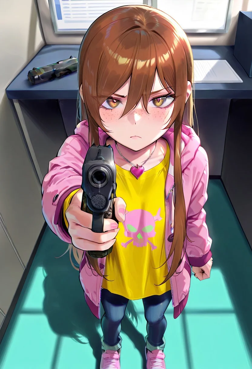 masterpiece, best quality, absurdres, anime screenshot, 1girl, solo, female focus, Carol_CTO, freckles, brown hair, asymmetrical bangs, long bangs, bangs between eyes, sidelocks, very long hair, hair down, CTO_sec, pendant, heart pendant, hooded coat, pink coat, open coat, yellow shirt, skull print, jeans, sneakers, pink footwear, m1911a1, handgun, aiming, aiming at viewer, frown, indoors, cubicle, office,( from above:0.5), dutch angle
