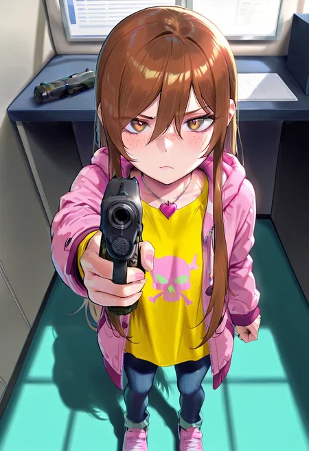 masterpiece, best quality, absurdres, anime screenshot, 1girl, solo, female focus, Carol_CTO, freckles, brown hair, asymmetrical bangs, long bangs, bangs between eyes, sidelocks, very long hair, hair down, CTO_sec, pendant, heart pendant, hooded coat, pink coat, open coat, yellow shirt, skull print, jeans, sneakers, pink footwear, m1911a1, handgun, aiming, aiming at viewer, frown, indoors, cubicle, office,( from above:0.5), dutch angle