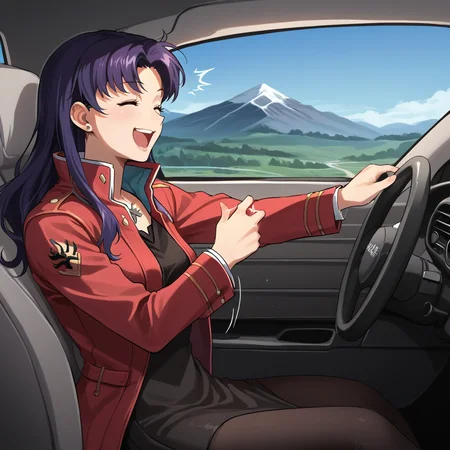 score_9, score_8_up, score_7_up, score_6_up, score_5_up, score_4_up, zPDXL2,source_anime,rating_questionable,1girl, solo,  <lora:Driving:0.7> dr1v3, car interior, motor vehicle, steering wheel, driving, sitting, Misato Katsuragi, red jacket, black dress, laughing, motion lines, mountains, smile,