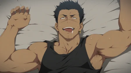 1boy, GridHalf, (scar on face), scar over nose, cross scar on face, facial hair, earring, black shirt, bare arms, score_8_up, score_7_up, score_6_up, score_9_up, face_focus, a muscular male soldier lying on bed at Middle Ages bed room,from above, top down view, looking_up, fantasy, ancient ,medieval, short hair, hairy, muscular, centered, looking away,  8k uhd, high quality, face_focus, armpit, open arms, cry, tongue out, drooling, rolling up eyes, relax hand, open hand, sweat