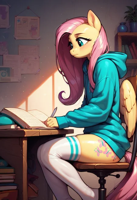 score_9, score_8_up, score_7_up, score_6_up, semi-realistic artwork, detailed background, high quality, vibrant colors, best quality rendering, intricate details, high resolution, sharp focus, best render quality, (background-room, study, table, homework, glowing desk light), side view,
1girl, solo, {Fluttershy (anthro pony) long hair, 18 yo, narrow shoulders, skinny, shiny skin,
oversized hoodie, white thigh-high socks,
dynamic pose, sitting chair, doing homework, studying,
shy, pensive, bored,