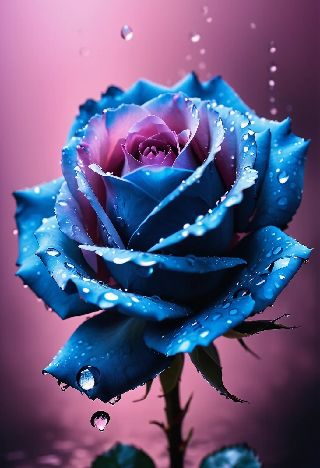 1 blue rose surrpunded by pink mist,1 blue rose in a sea of water drops,dark simple background, waterdrops fall down, (The picture wants to say that there is harmony in every form of imperfection), close up on the rose, <lora:heartmiststyle-000001:0.9>