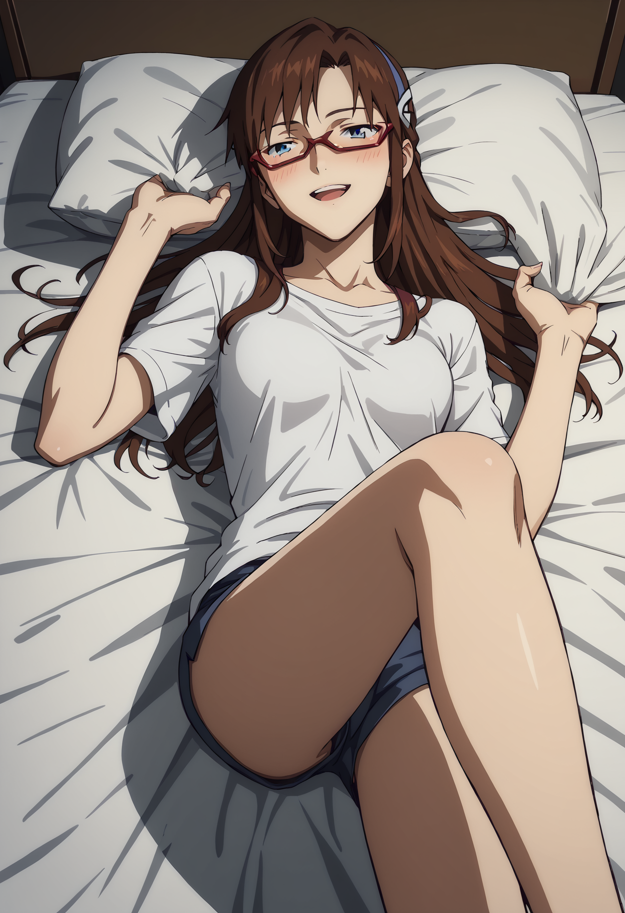 score_9, score_8_up, score_7_up, score_6_up, score_5_up, score_4_up, best quality, masterpiece, colorful, very aesthetic, anime, BREAK 1girl,,  solo, lying on bed, knee up, half closed eyes, blush, smile, open mouth, seductive , night, holding sheets,   <lora:add-detail-xl:1> <lora:Mar1Mak1nam1XL_Pony_v1:1> mar1kar1nam1, 1girl, brown hair, solo, long hair, glasses, blue eyes