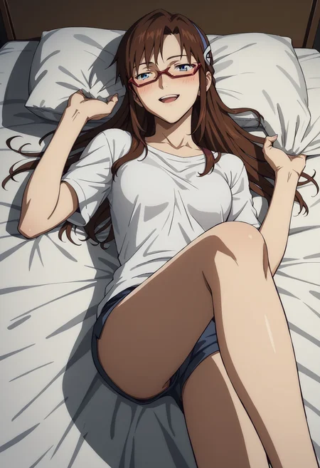 score_9, score_8_up, score_7_up, score_6_up, score_5_up, score_4_up, best quality, masterpiece, colorful, very aesthetic, anime, BREAK 1girl,, solo, lying on bed, knee up, half closed eyes, blush, smile, open mouth, seductive , night, holding sheets, <lora:add-detail-xl:1> <lora:Mar1Mak1nam1XL_Pony_v1:1> mar1kar1nam1, 1girl, brown hair, solo, long hair, glasses, blue eyes