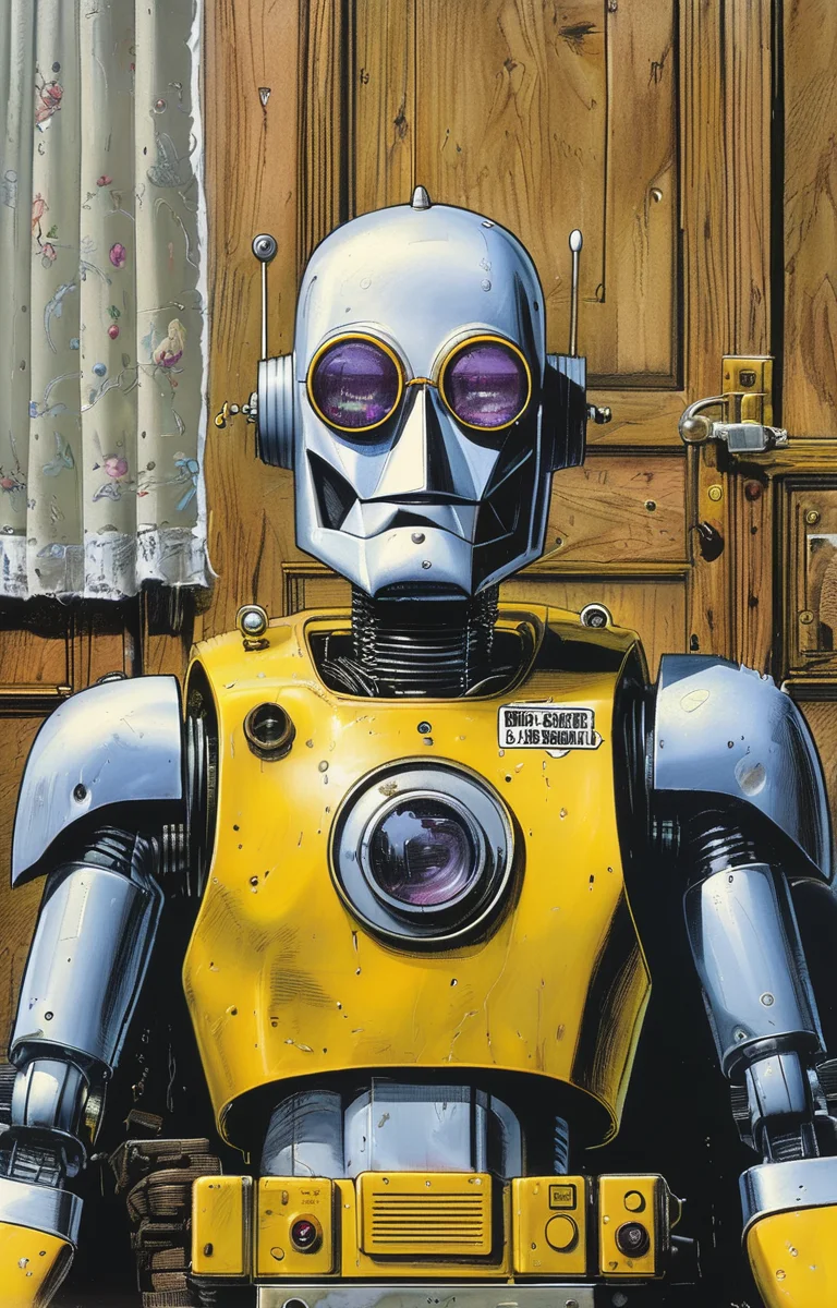 masterpiece,best quality,<lora:tbh232-sdxl:0.9>,illustration,style of Brian Bolland, portrait of Housework robots