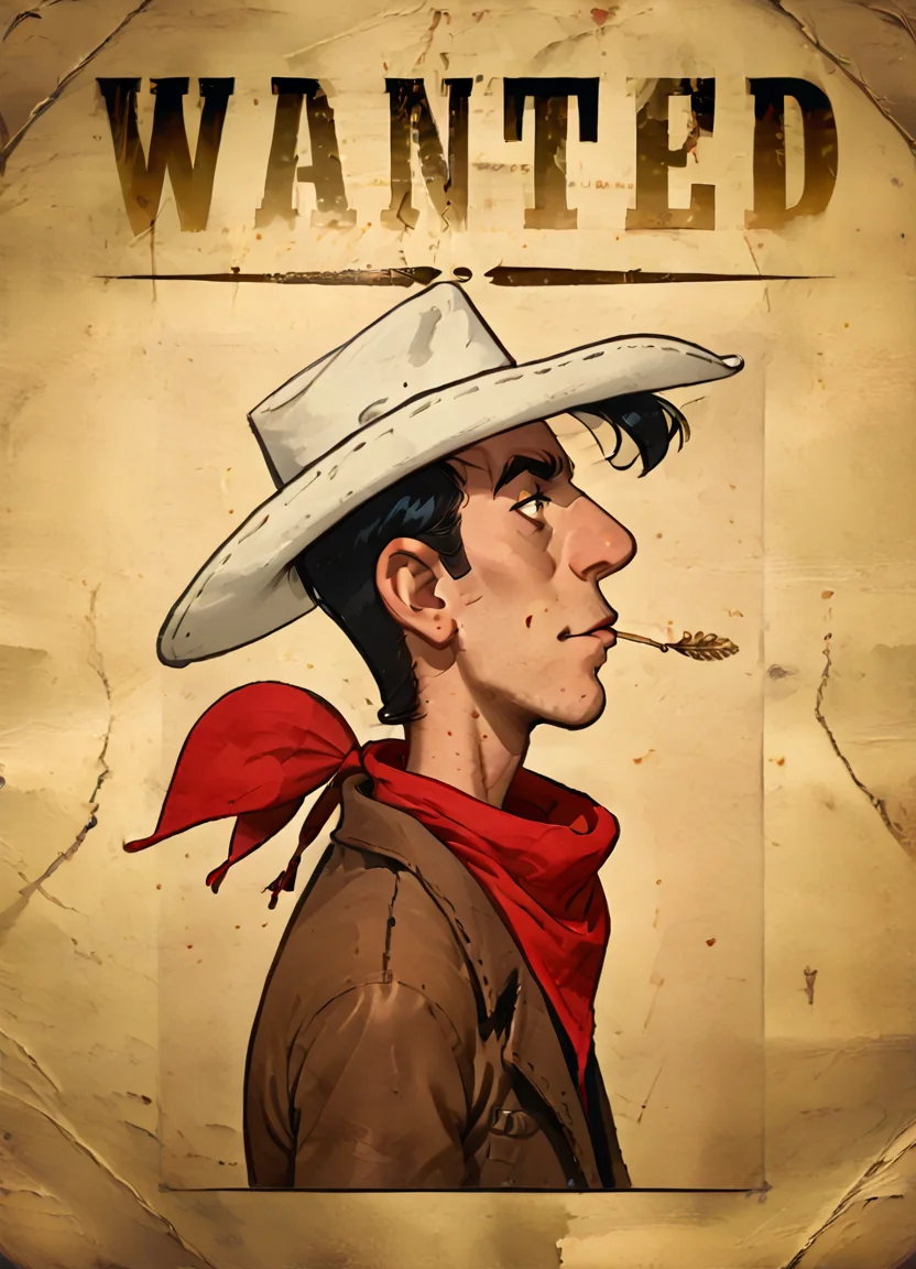 wantedposter of  ((luckyluke)), white cowboy hat, black hair, red bandana, side profile, solo,
 <lora:Wanted-Poster:0.85> <lora:LuckyLukePony:0.8>