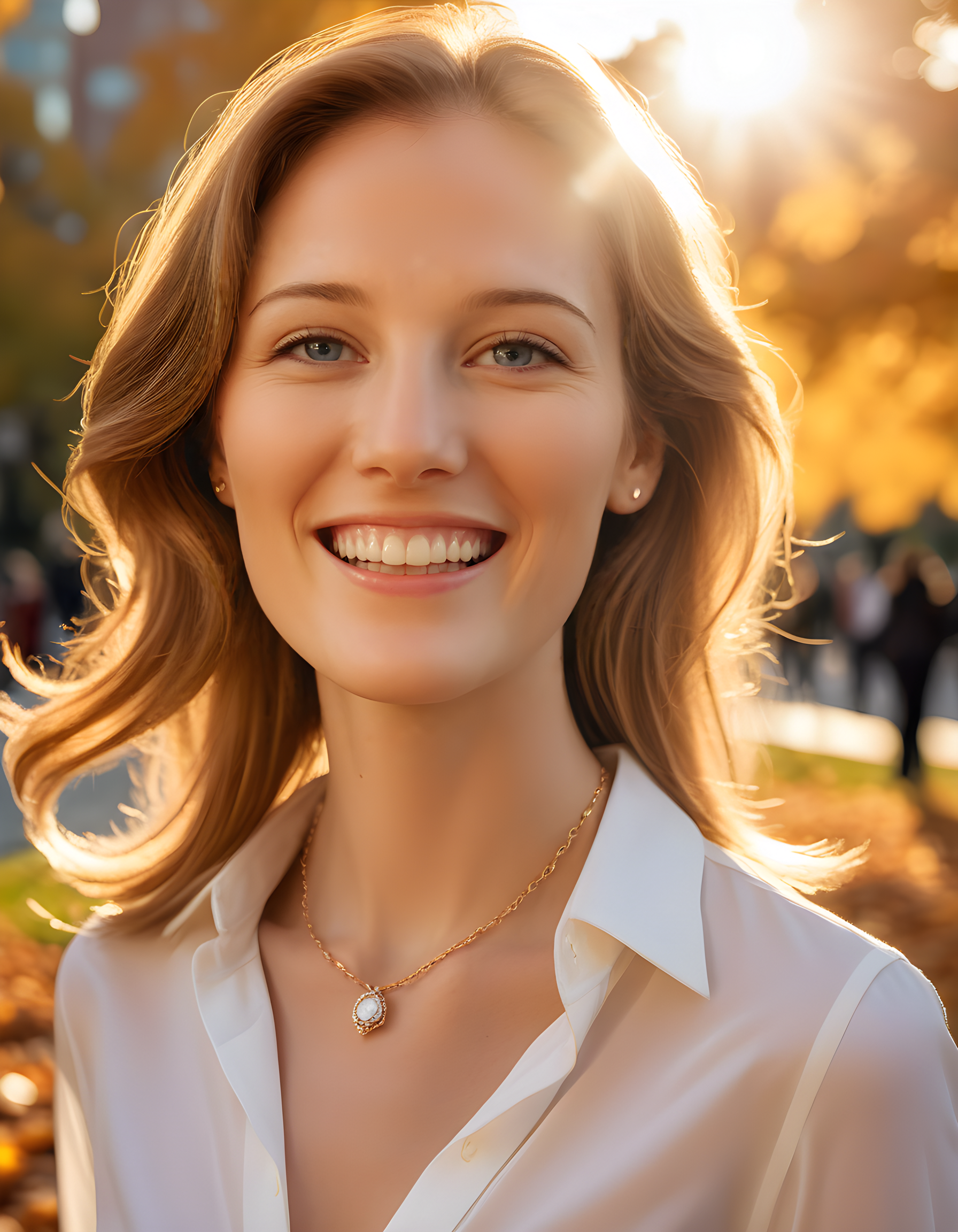 In a bustling city park at dusk, a radiant woman named A5HL3YH is captured in a close-up shot from a slightly elevated angle. She stands with an elegant posture, her bright eyes sparkling under the fading sun's warm glow. Her teeth flash as she offers a captivating smile, revealing perfectly aligned pearly whites. The woman adorns herself with intricate jewelry, a dazzling necklace catching the last rays of sunlight, complementing her simple yet elegant white shirt. A sea of autumn leaves paints the park's background, creating a vibrant contrast against the woman's sophisticated attire and enchanting smile.