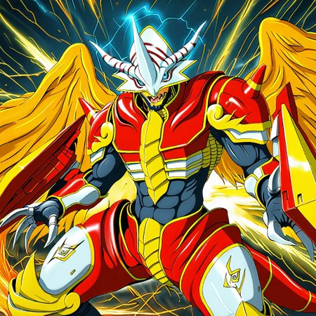 High quality, good shots, anime, 8K, masterpiece, beautiful, sharp focus, crisp details, masterclass, 1boy, solo, Vritra2.0, (Vritramon, Digimon:1.4), dragon, feathered wings , Helmet, Armor, Horns, Gauntlets, tail, blue eyes, open mouth, tongue,  Muscular, muscles with visible veins, Black inner body, (powerful composition, powerful movement, powerful scene, looking at viewer,Cool pose:1.5),