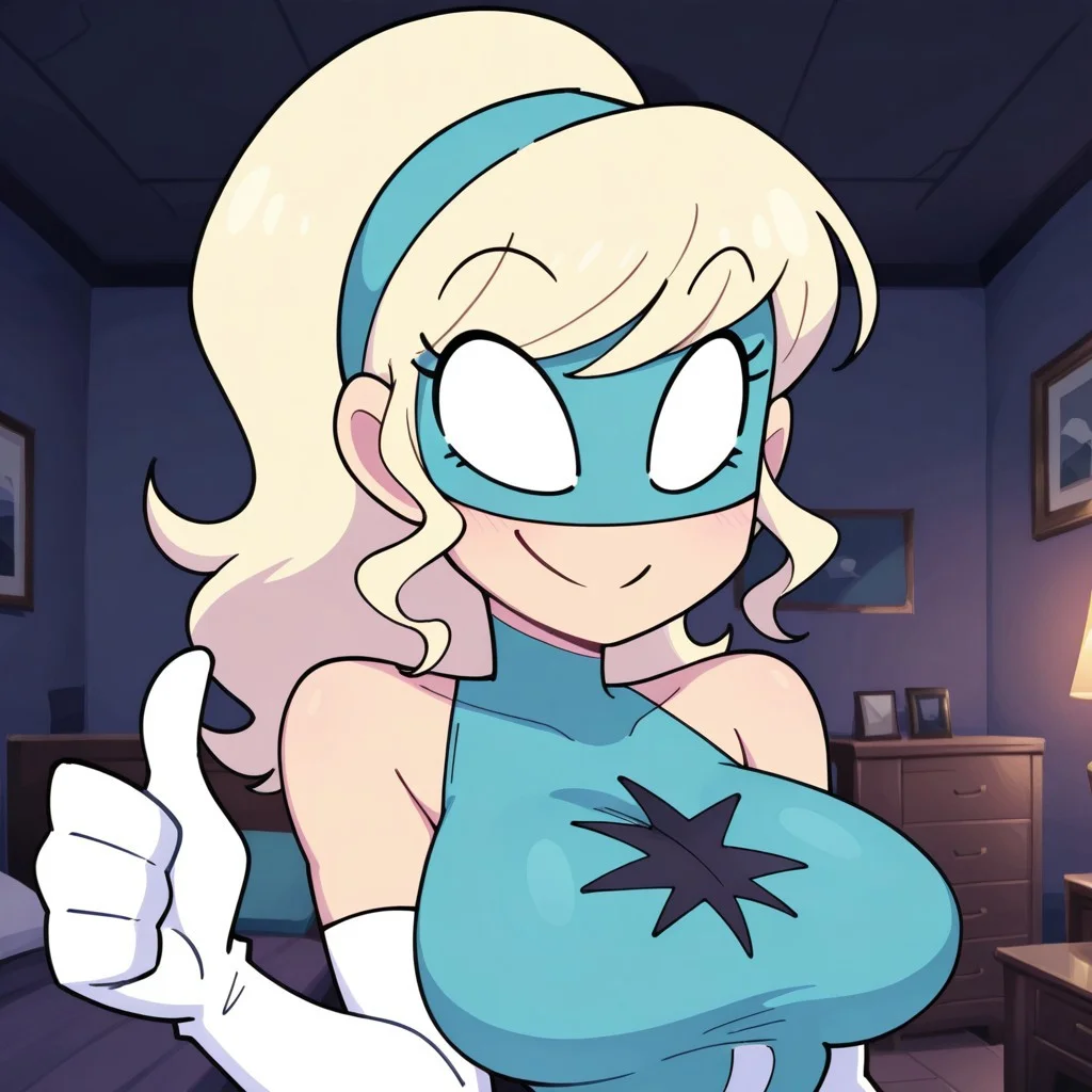 smshgirl, no pupils, blonde hair, bangs, hairband,large breasts, domino mask, blue leotard, white elbow gloves,smile,closed mouth,thumbs up,looking at viewer,upper body portrait,indoors,dark bedroom
