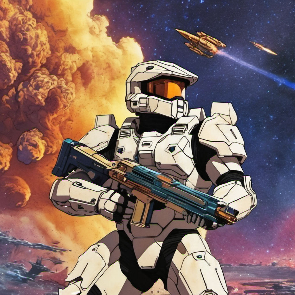 wcxl, moebius, man in armor holding a futuristic gun, inspired by halo art style, space background, space battleship, explosion, grainy texture  <lora:watercolorXL:1>