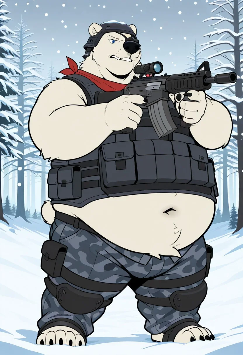 masterpiece, best quality, amazing quality, 1boy, solo, polar bear, bear snout, blue eyes, right eye patch, helmet, claws, male. anthro, male, black pawpads, cartoon style, 2d, overweight male, perfect eyes, (((detailed eyes))), expressive eyes, ((fat, chubby, obese, round belly)), ((excessive obesity)),,forest, snowy forest, snow, snow covered trees, snowing, snow hills, high quality, detailed, digital art, masterpiece, full body, (gray camouflage pants, gray tactical sleeveless vest, red bandana around the neck, arm wears), big butt, (standing dynamic pose, holding an assault rifle, aiming, eye on the rifle, aiming and aiming, front view), vivid color, detailed face, perfect face, masterpiece, absurdres, intricate detail, very aesthetic, ds0d, ((three-quarter view:1.3)), ((3/4_view))