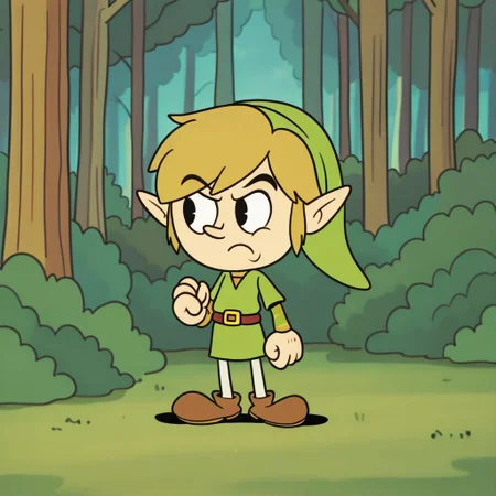 RetroXL,,, toon \(style\), flat color, black eyes,
Link with green brown yellow-gold and silver color palette, forest